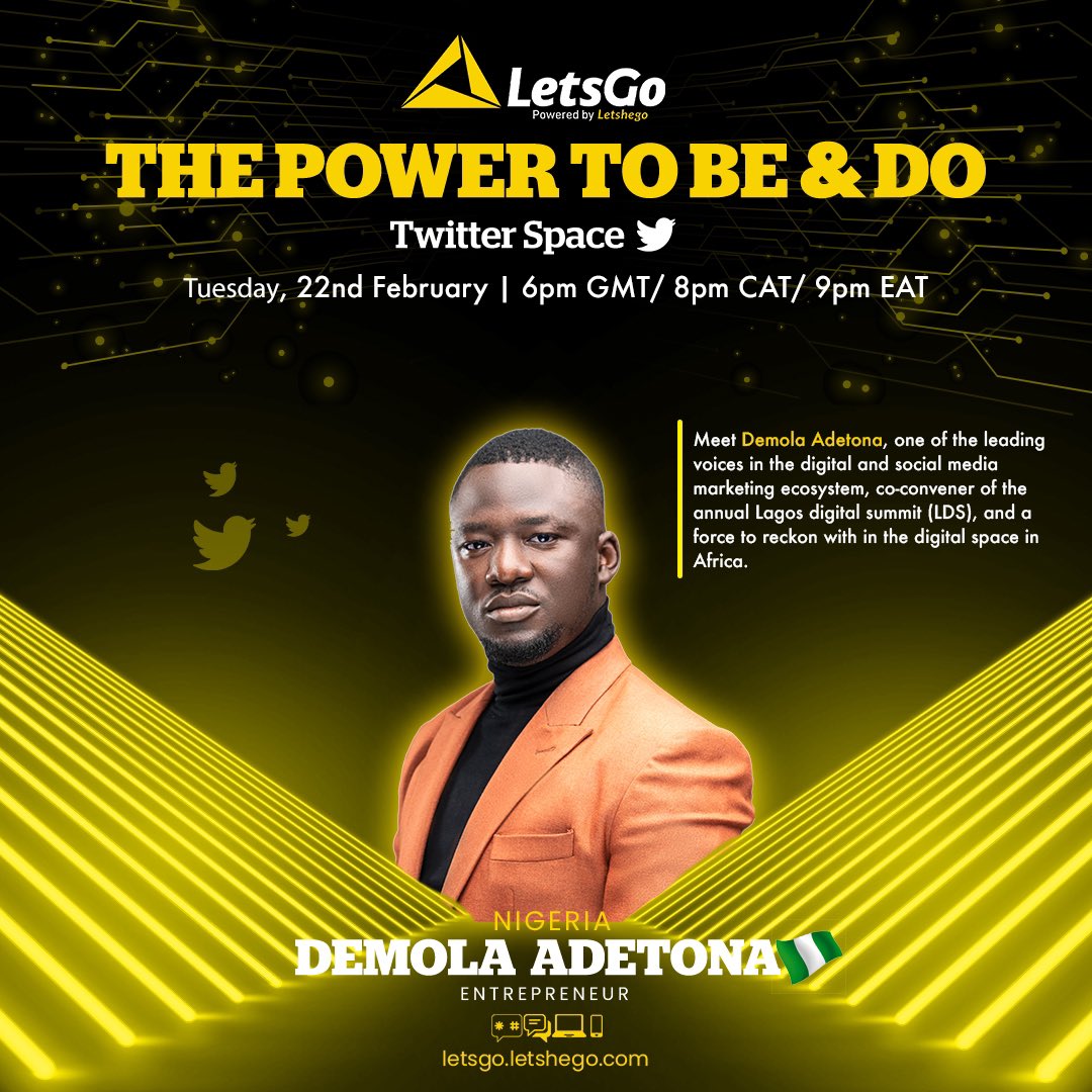 Letshego Africa (@letshegogroup) on Twitter photo THE POWER TO BE & DO… are you ready to be inspired?
Meet our Africa entrepreneurs **LIVE**
When? Tues 22 Feb 2022
Time? 6pm 🇬🇭/ 8pm 🇧🇼/ 9pm 🇰🇪
Where ? <a href="/BwConnecSpaces/">BWConnecSpaces</a>
Meet our speakers…. ⬇️
<a href="/letshegoafrica/">letshegoafrica</a> <a href="/BwConnecSpaces/">BWConnecSpaces</a> THE POWER TO BE & DO… are you ready to be inspired?
Meet our Africa entrepreneurs **LIVE**
When? Tues 22 Feb 2022
Time? 6pm 🇬🇭/ 8pm 🇧🇼/ 9pm 🇰🇪
Where ? <a href="/BwConnecSpaces/">BWConnecSpaces</a>
Meet our speakers…. ⬇️
<a href="/letshegoafrica/">letshegoafrica</a> <a href="/BwConnecSpaces/">BWConnecSpaces</a>