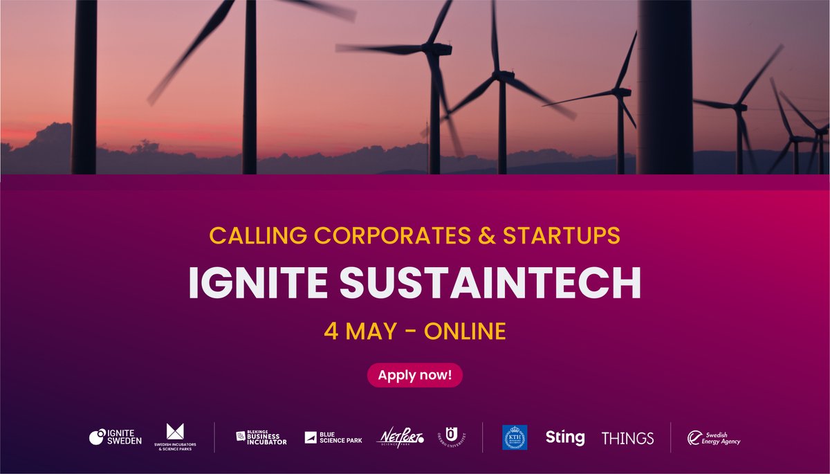 💚 #Corporation &amp; #publicsector are matched with innovative #startups within #sustainability &amp; #energy at Ignite Sustaintech #matchmaking on May 4. 
🌍 Don’t miss this great opportunity to collaborate towards a more sustainable world!
Apply now! ignitesweden.org/events/ignite-…
