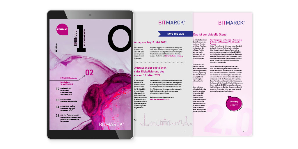 Team_BITMARCK's tweet photo. Was ist eigentlich der aktuelle Stand rund um die #bitGo_App 2.0? Das und mehr erfahren Sie in der neuen Ausgabe des #BITMARCK-Newsletters #einsnull kompakt. Jetzt online lesen unter https://t.co/pcFB7N22kt https://t.co/75SNtarKEC