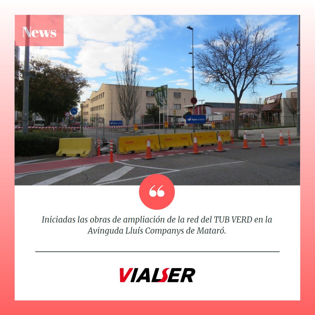𝗩𝗜𝗔𝗟𝗦𝗘𝗥 ha sido adjudicataria de las obras de ampliación de la red del TUB VERD por la avenida Lluís Companys y en torno a Mataró.

#Vialser #constructora #aiguesdemataró <a href="/aiguesmataro/">Aigües de Mataró</a>