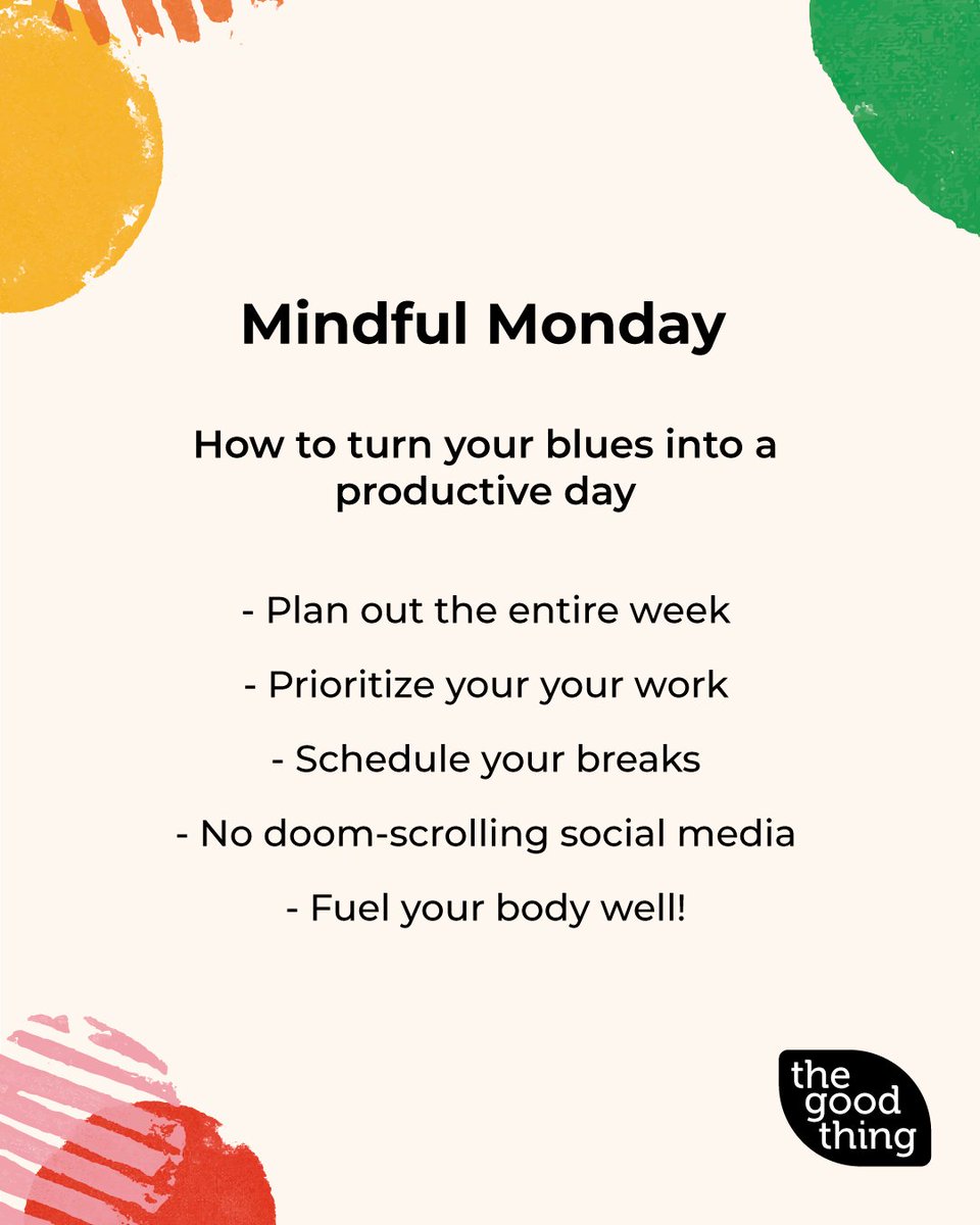 trythegoodthing's tweet photo. Mondays can feel so blue that the day feels endless.

But here are little things you can do to make the day better and start your week on a productive note. 

#mondaytips #mondaymotivation #productivitytips #productivelife https://t.co/KakeGVhMc3