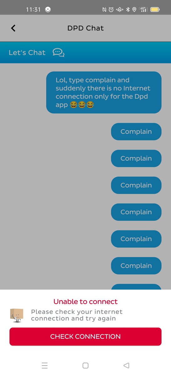 bryansamos's tweet photo. @DPDgroup_news can you explain why when I type complain into your help chat I suddenly have no Internet only in the dpd app? https://t.co/P0IU9A4xOU