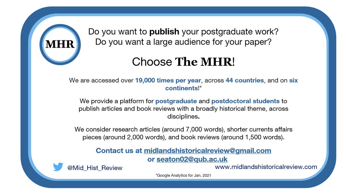 Are you an #ECR or #PGR with an idea for an article? The <a href="/Mid_Hist_Review/">The MHR</a> welcomes submissions of research articles, Spotlight pieces on current affairs and book reviews. Visit our website or email us for more information on getting your work published! #twitterstorians #CFP