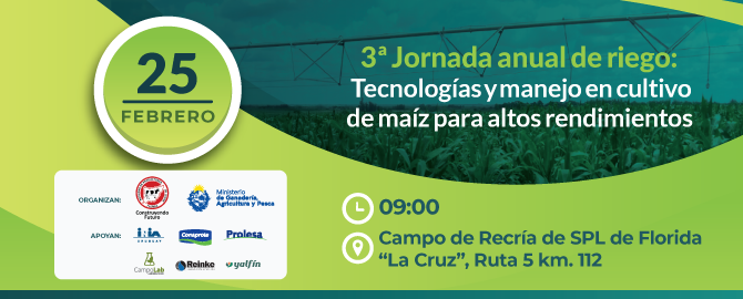 ➡️Para agendar: 3ª jornada anual de riego: tecnologías y manejo en cultivo de maíz para altos rendimientos.

🗓️Viernes 25/2 ⏰9:00 h 📍 Campo de recría de SPL de Florida.

<a href="/INIA_UY/">INIA URUGUAY</a> <a href="/MGAPUruguay/">MGAP</a>  <a href="/_splf/">SPLF</a> <a href="/Conaprole/">Conaprole</a> <a href="/LCampolab/">Laboratorio CampoLab</a> @reinkelat @Prolesa_uy <a href="/YalfinSA/">Yalfin</a>