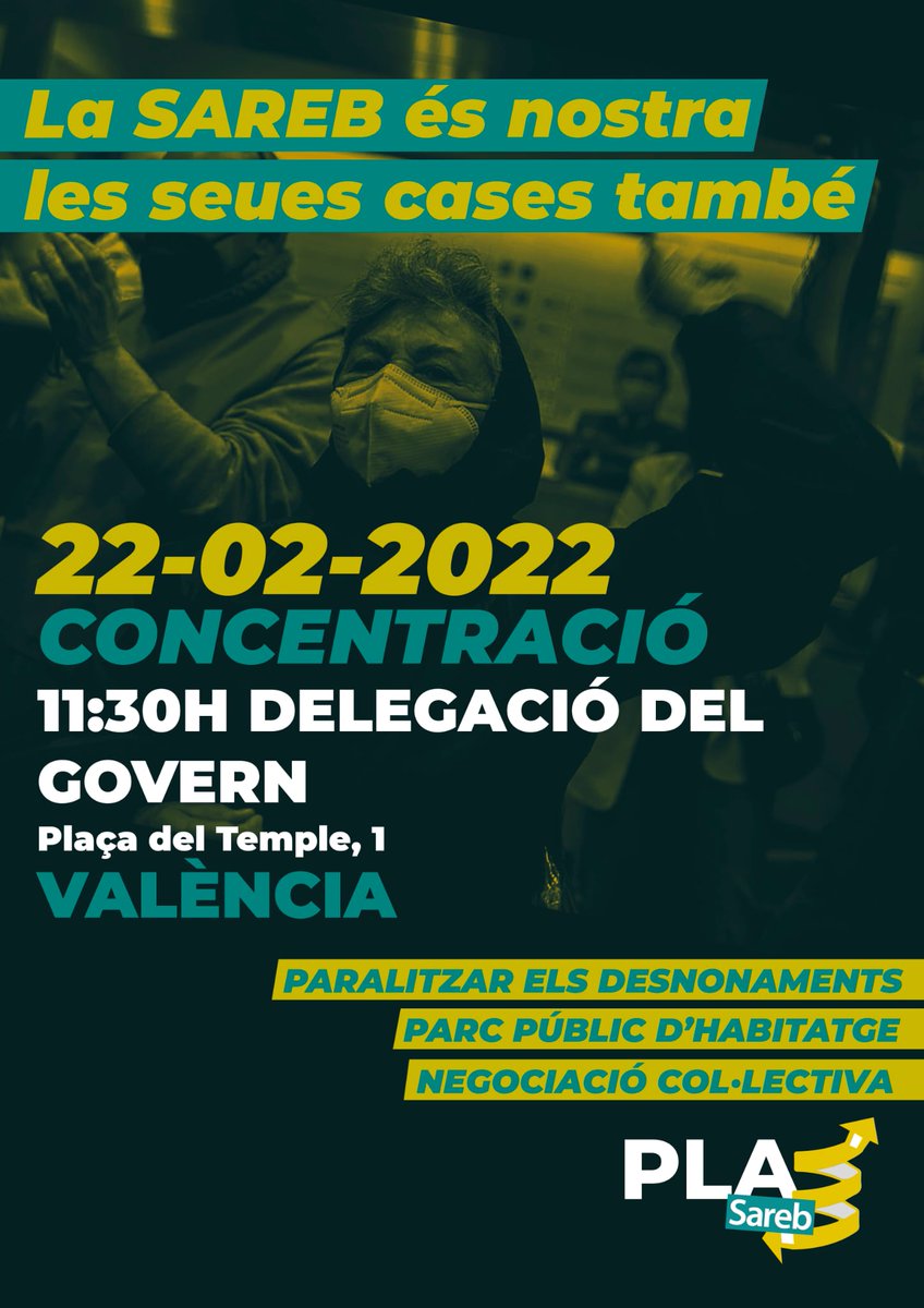 SBarriCabanyal's tweet photo. ⚠️CONCENTRACIÓ DEMÀ 
⏰11:30H - 📍Plaça del Temple, 1.

Exigim:
❌ Paralització dels desnonaments
🏘Parc públic d'habitatge
✊🏽Negociació col•lectiva

💥LA @sareb ÉS NOSTRA! LES SEUES CASES TAMBÉ💥 

👉 @PSOE @PODEMOS volem les cases per a la classe treballadora! https://t.co/mojh3ydHWU