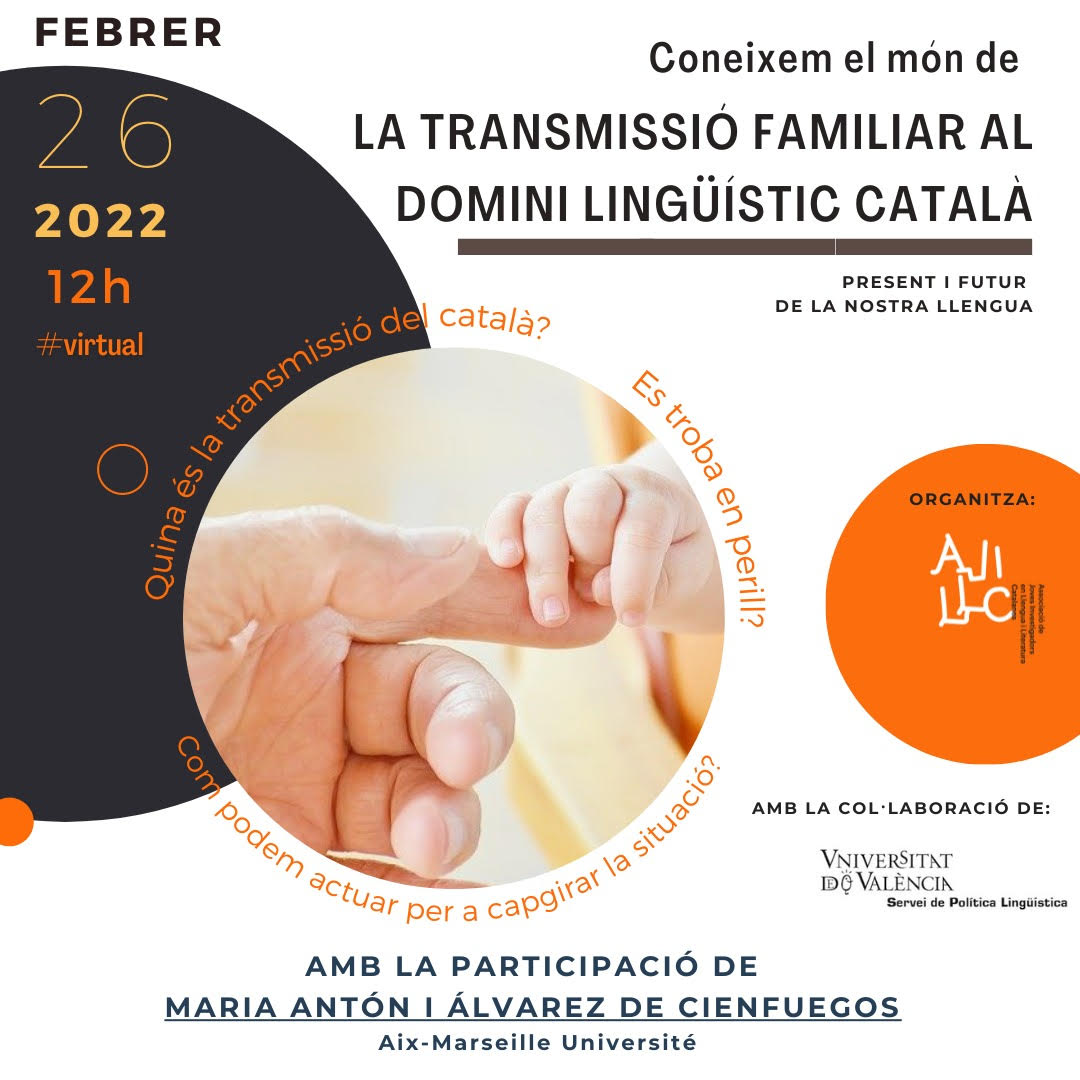 Bon dia, ajillcaires!
 
La transmissió familiar al domini lingüístic català amb Maria Antón i Alvárez de Cienfuegos (Aix Marseille Université)

26 de febrer, 12:00h, en línia. Aquesta activitat és tan sols per a socis i sòcies de l’AJILLC. 

Inscripcions: ajillc.wordpress.com/2022/02/21/la-…