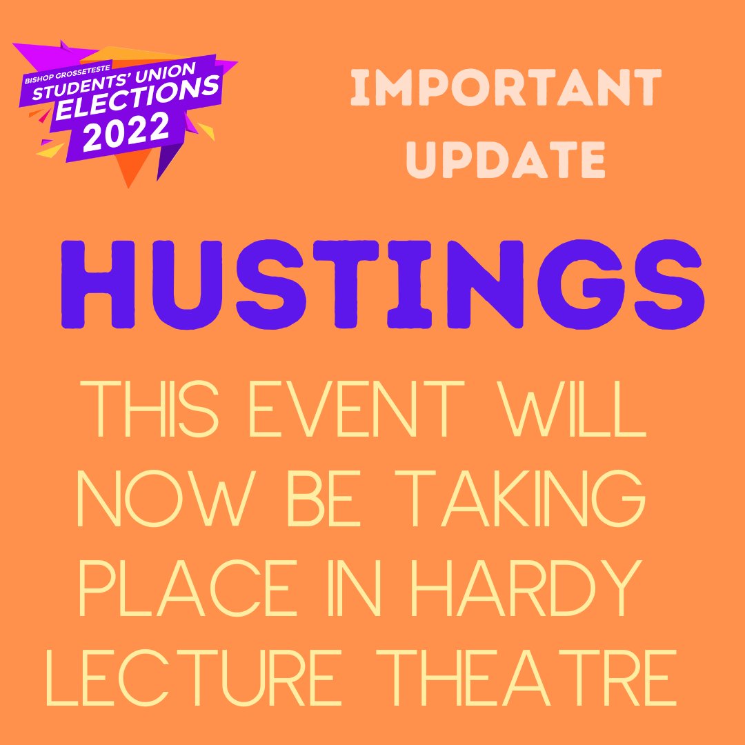 📣 Slight change of plan!

Tonight's Hustings event will now be taking place in Hardy Lecture Theatre, still starting at 6PM

Take the opportunity to learn about your election candidates and ask questions 🗣