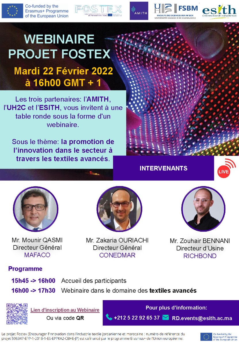 👉for our French-speaking followers👈
Demain, Mardi 22 Février 2022 à 16h00 GMT +1 
table ronde sous la forme d'un webinaire pour la promotion de l’innovation dans le secteur à travers les textiles avancés.