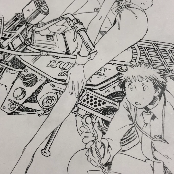 #50ccバイクの日  遅刻しまくりの一枚。 以前に(がんばって)線画まで描いたのにずうっと仕上げ損なってる泣 今目の前の仕事やっつけたらそろそろ塗りたいれす😭😭😭 (日下が手に持ってるのは光度計)