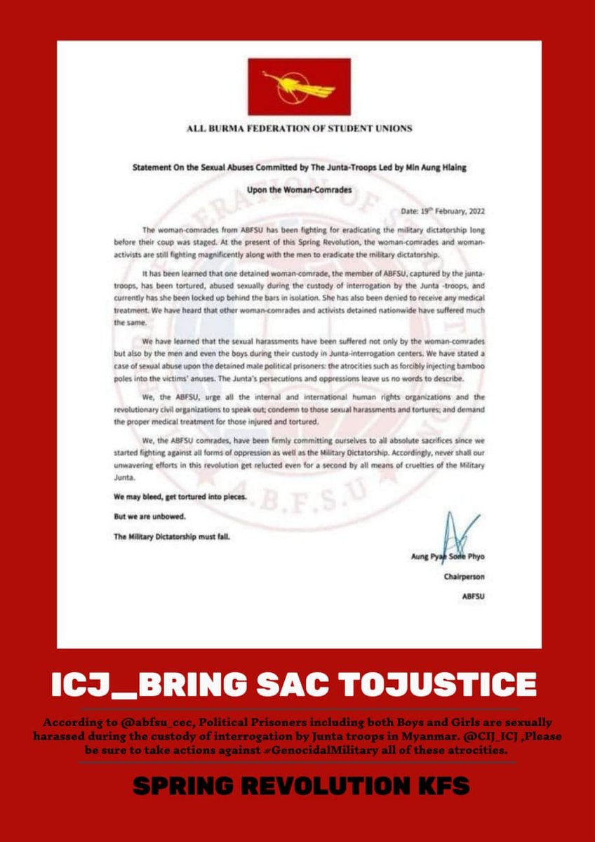 According to <a href="/abfsu_cec/">All Burma Federation Of Student Unions</a>, Political Prisoners, including both Boys and Girls, are sexually harassed during the custody of interrogation by Junta troops in Myanmar. <a href="/CIJ_ICJ/">CIJ_ICJ</a>, Please be sure to take action against #GenocidalMilitary all of these atrocities.
#ICJ_BringSACToJustice