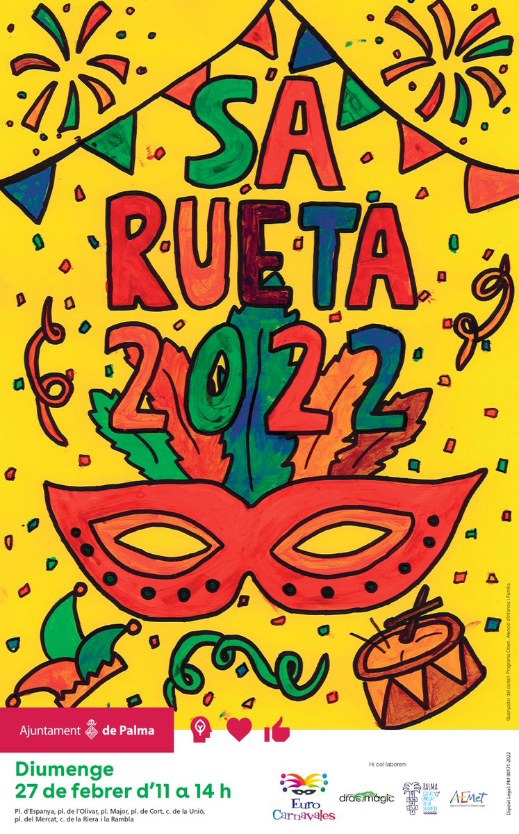 ajuntpalma's tweet photo. Ja és aquí #SaRueta2022! 🎉
Diumenge 27 de les 11 a 14 h a vuit punts de la ciutat:
📍 plaça d'Espanya
📍 plaça de l'Olivar
📍 plaça Major
📍 plaça de Cort
📍 c. de la Unió
📍 plaça del Mercat
📍 c. de la Riera
📍 la Rambla
Tallers, circ, màgia, contacontacontes i molt més! 🎊 https://t.co/FPITebjnUg