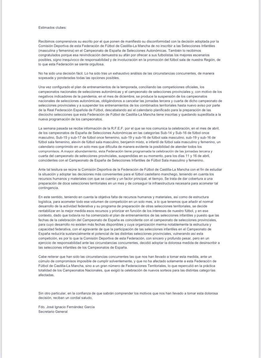 Ciudaddeguadafs's tweet image. Comunicado oficial de la @FFCM_es en respuesta al escrito conjunto presentado por los clubes:

📌 @Moprisala @efsjoanlinares  @Ciudaddeguadafs AVVillacerrada y @Ciudaddetoledof 

👎 La @FFCM_es no rectifica y no habrá Cpto de España para los Infantiles
