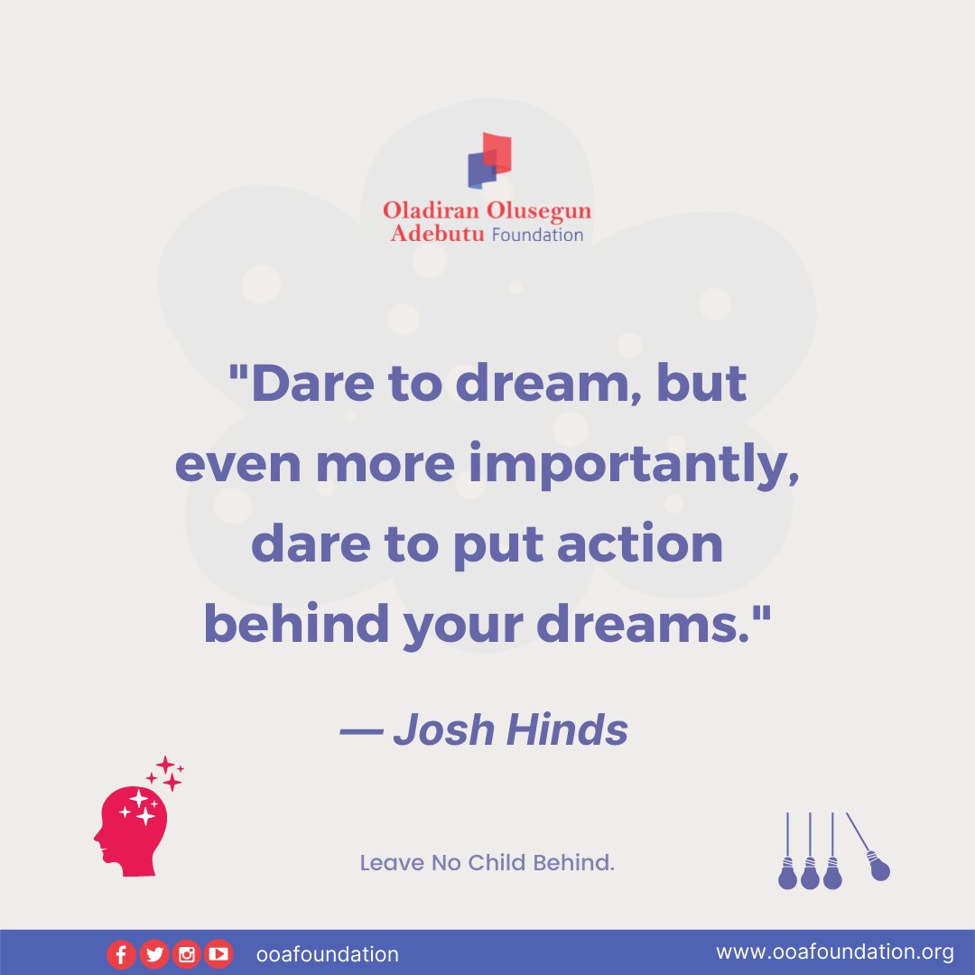 ooafoundation's tweet photo. Having goals that we are passionate about gives us something to look forward to each and every morning when we wake up.
Dare to live your dreams today and always.
#OOAF #OladiranOlusegunAdebutuFoundation #Charity #LeaveNoChildBehind #Education #Health #Nutrition https://t.co/rTi7amHZ6S