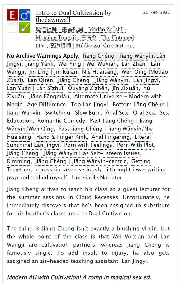 dawnwallwrites's tweet photo. Intro to Dual Cultivation | 145k | E | #chengyi | Jiang Cheng is reassigned to substitute his brother’s class, Intro to Dual Cultivation, &amp; given a chipper TA Lan Jingyi. He’s pissed, insulted &amp; he might just stumble into something important along the way https://t.co/lBKYx2ev0F https://t.co/PwmOSthkrO