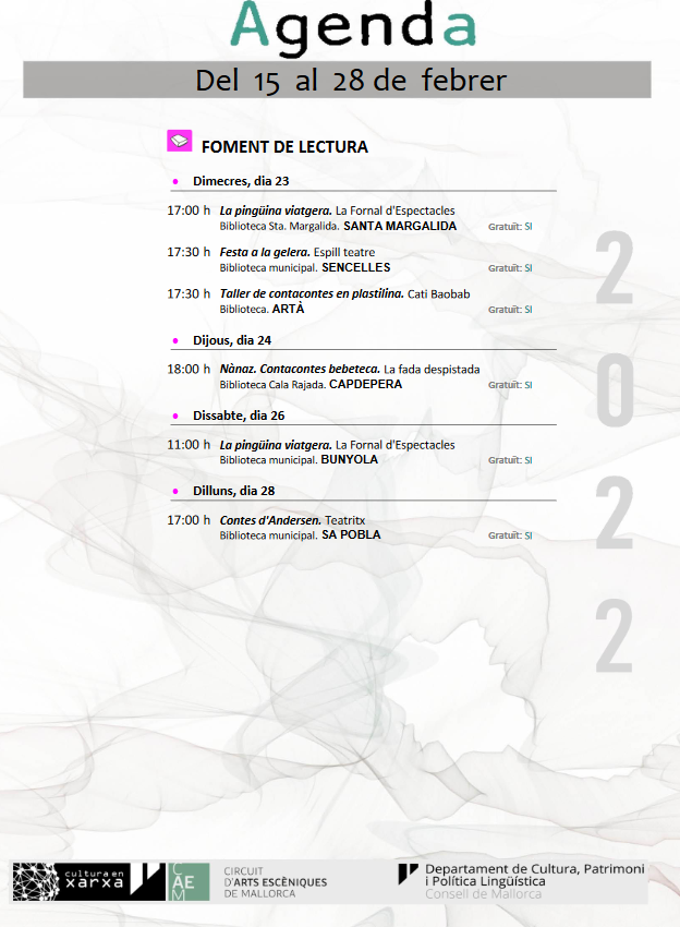 Aquí tens l'Agenda de #FomentdeLectura del 15 al 28 de febrer de 2022, amb participació de la Xarxa de Biblioteques de <a href="/ConselldeMca/">Consell de Mallorca</a> <a href="/culturamallorca/">CulturaMallorca</a>