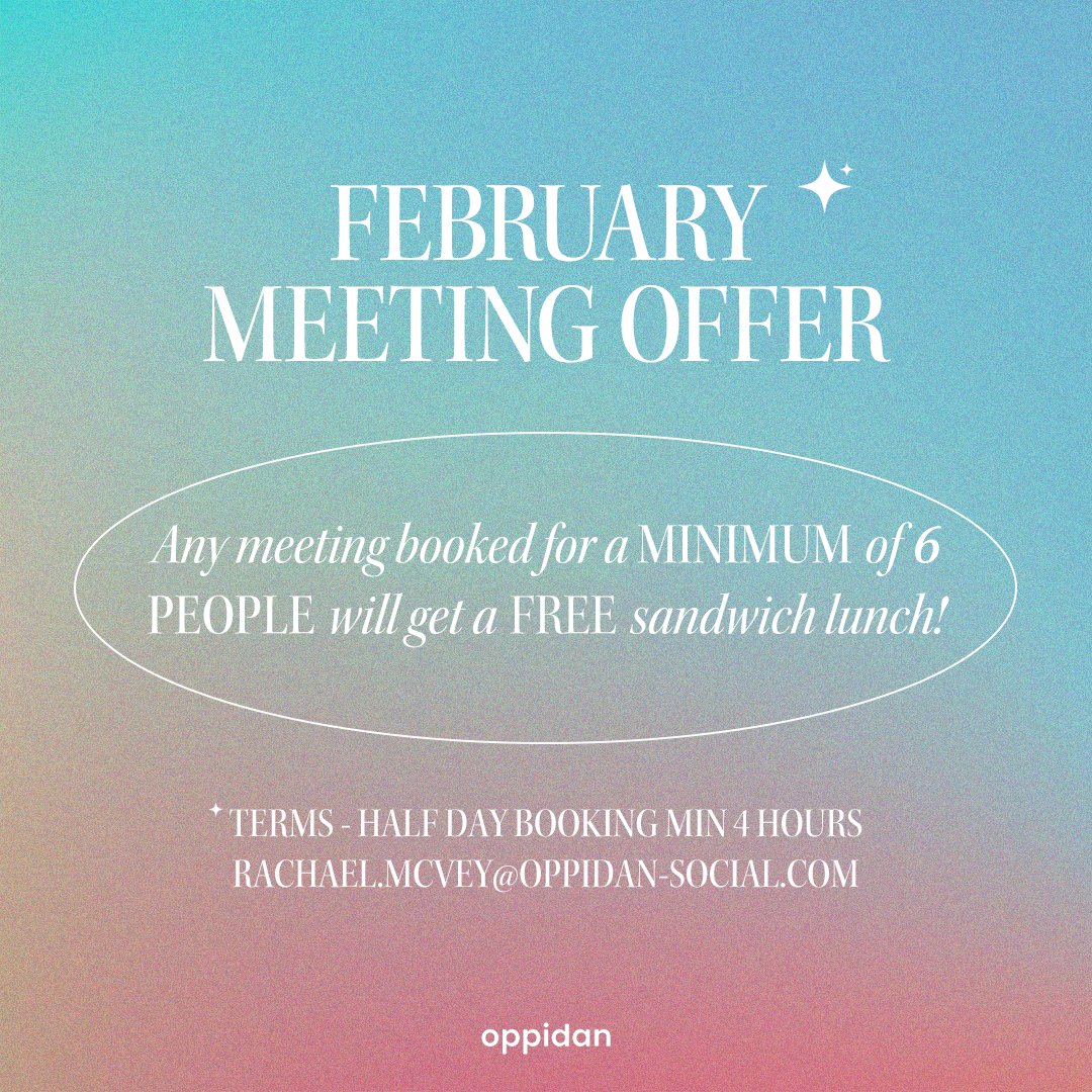 As we go into the final week of February, make sure to take advantage of our meeting room offer!

Drop us a DM or email rachael.mcvey@oppidan-social.com for more information and to book.