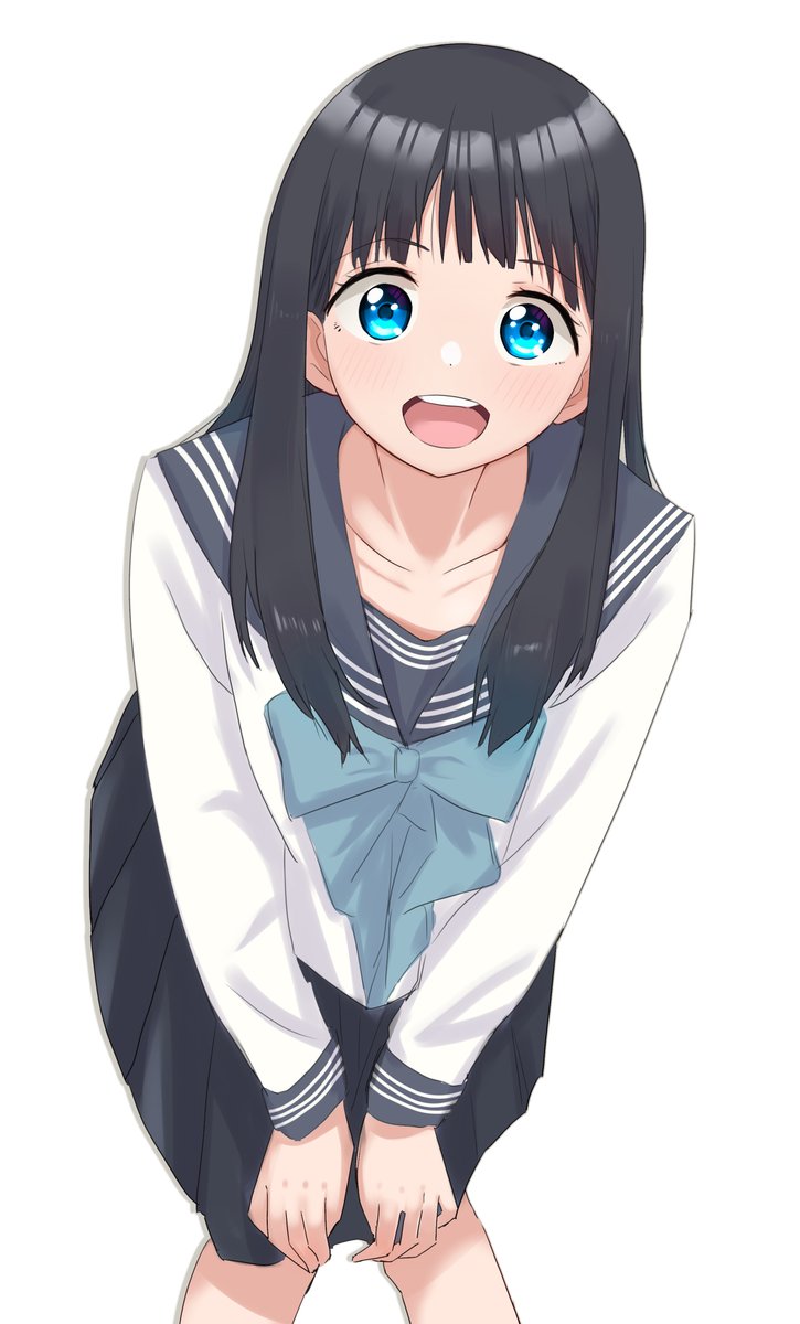 1girl solo school uniform black hair long hair blue eyes skirt  illustration images