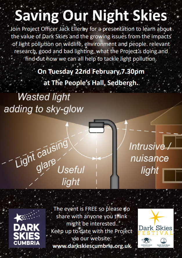 yorkshire_dales's tweet photo. Join Dark Skies Project Officer Jack Ellerby in #Sedbergh tomorrow for a presentation on the value of our #DarkSkies and issues arising from the impact of light pollution on wildlife, the environment and people.

It’s free to attend starting at 19.30 👇

https://t.co/TfkmBxXex4 https://t.co/pBmAseZBl1
