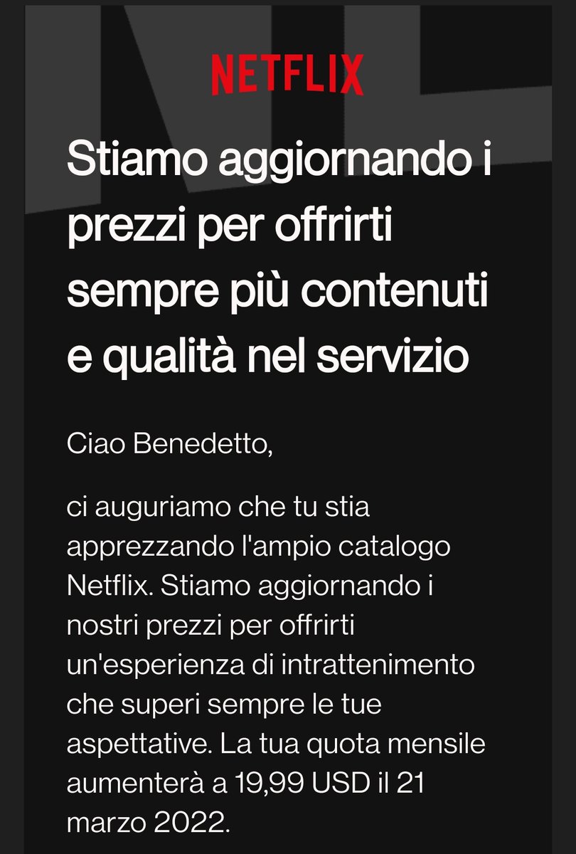 BennyBr27's tweet photo. Ma la politica di aumento prezzi di @NetflixIT si fermerà mai? 

Un aumento costante di 2€-3€ ogni anno, che ha fatto passare il costo da "vabbè giusto qualche euro in più" a "accettate anche cambiali?" 

#fermatenetflix #aumento #netflix https://t.co/zA1acv3C9t