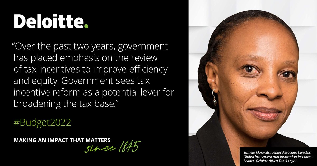 DeloitteSA's tweet image. We expect to continue to see a reduction in the range of tax incentives available to corporates with a focus on broadening the progressiveness of the tax system. This is according to #TumeloMarivate in her #Budget2022 prediction #navigateuncertainty deloi.tt/3HuZTGd