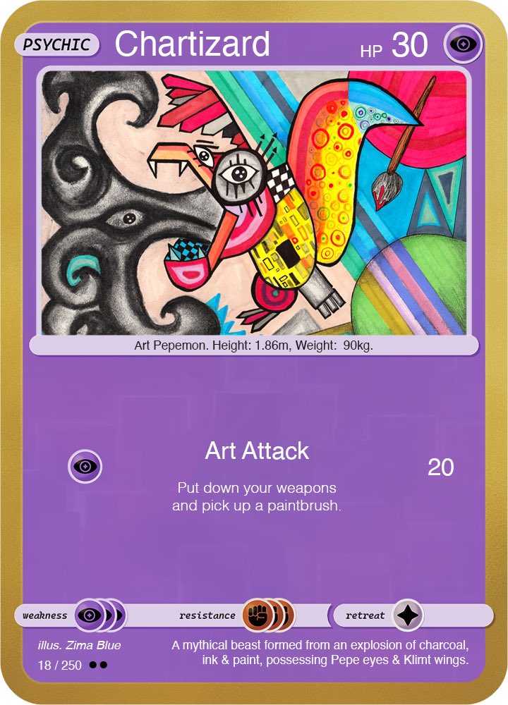 ZimaBlueArt's tweet photo. As soon as I saw the @PepemonXCP project I knew I had to submit something!

GIVING AWAY 1 x Chartizard (card 18, 100 supply)

Retweet, like &amp; follow to enter 

And go check out the first 18 Pepemon here https://t.co/IPpLsdLVGZ

#Pokemon #NFT #Bitcoin https://t.co/L23Zz4BCRi