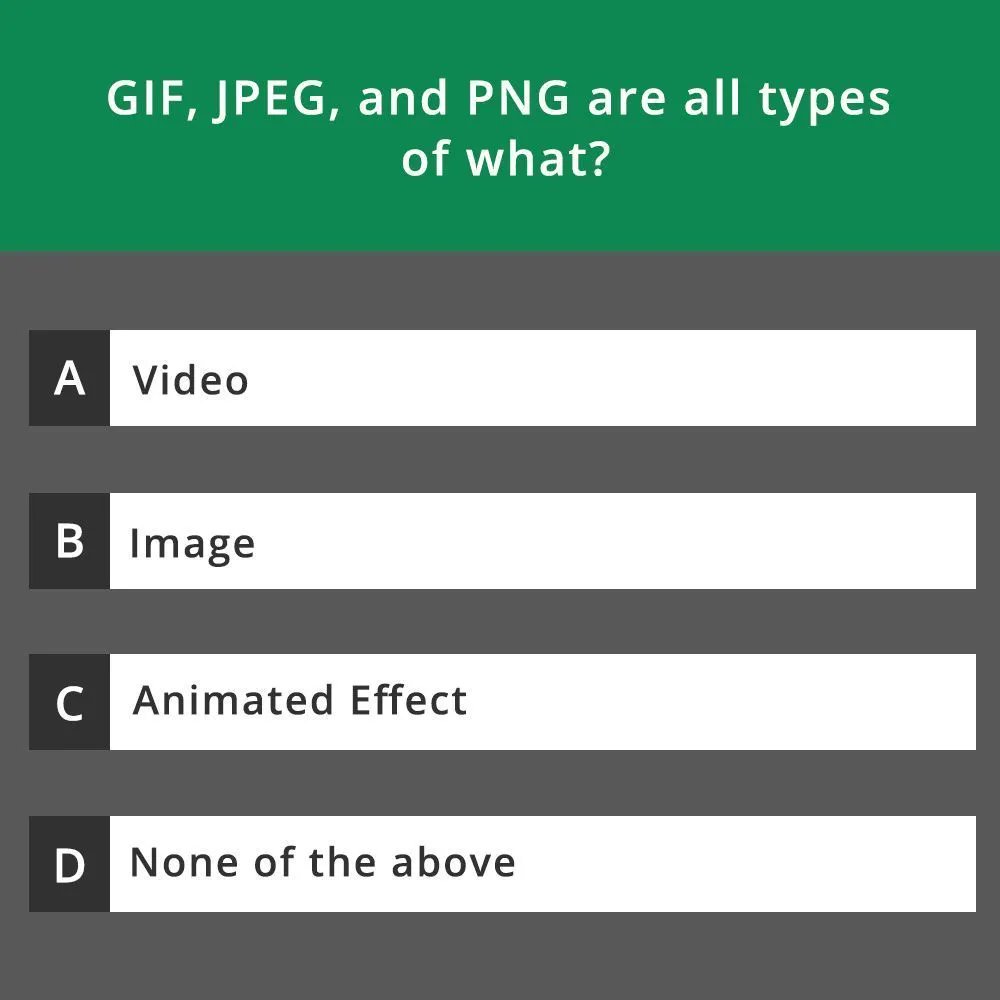 WeArePirple's tweet photo. GIF, JPEG, and PNG are all types of what?

#filetypes #files #dev #webDev #pirple #learnToCode #coding #code https://t.co/h3jw8eYwGq