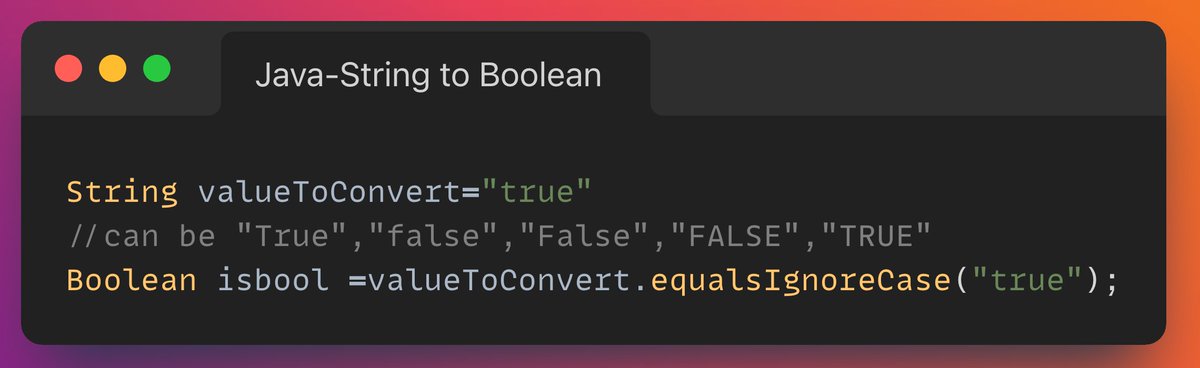 VeenaSiva's tweet image. Convert String to Boolean in Java, Single line code 
#Java #codinghacks #testautomation