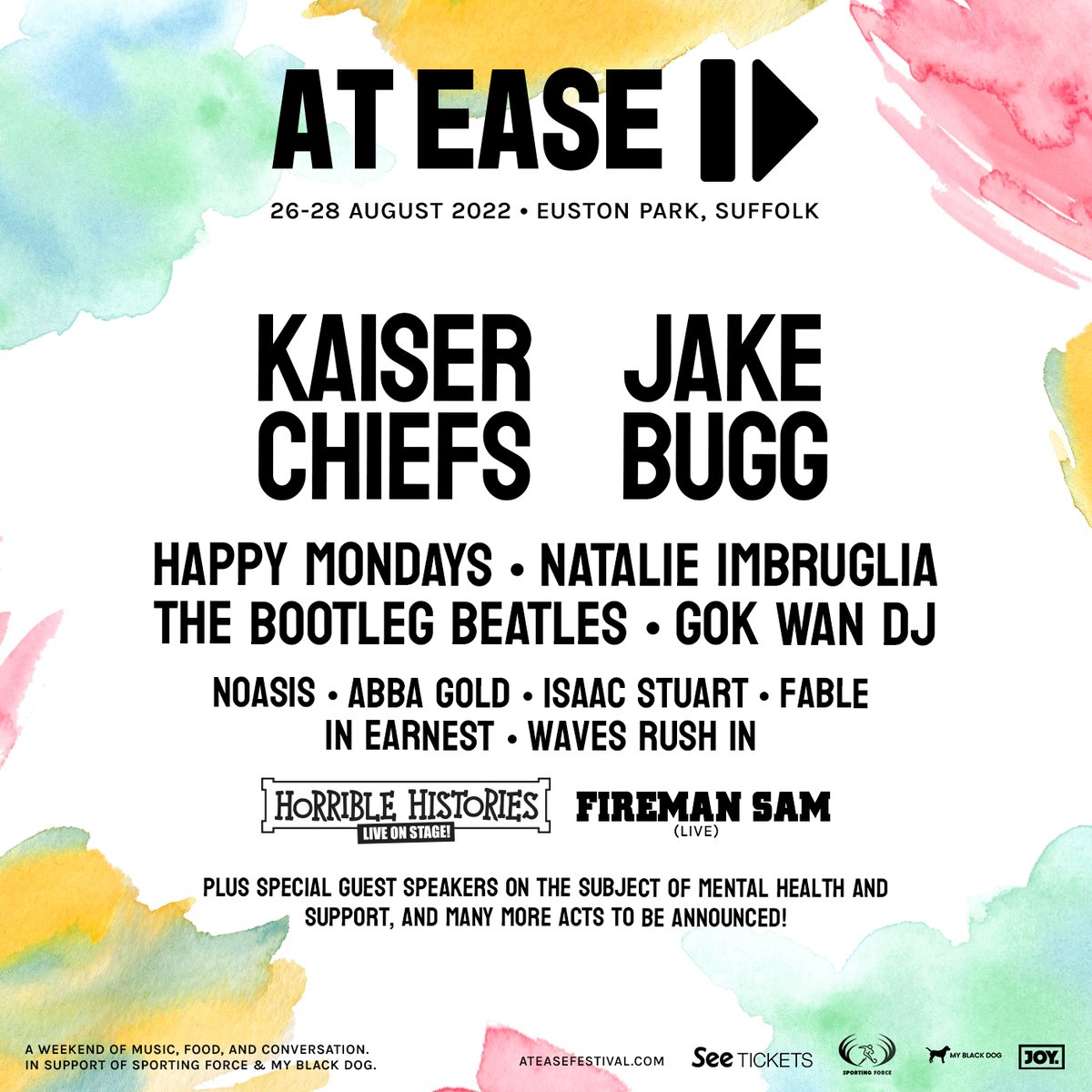We are delighted to announce the line up for the first ever At Ease Festival. A unique weekend of music, food, and conversation in support of <a href="/SportingForce/">Sporting Force</a> and #myblackdog 

Learn more and sign up for exclusive pre-sale access via ateasefestival.com