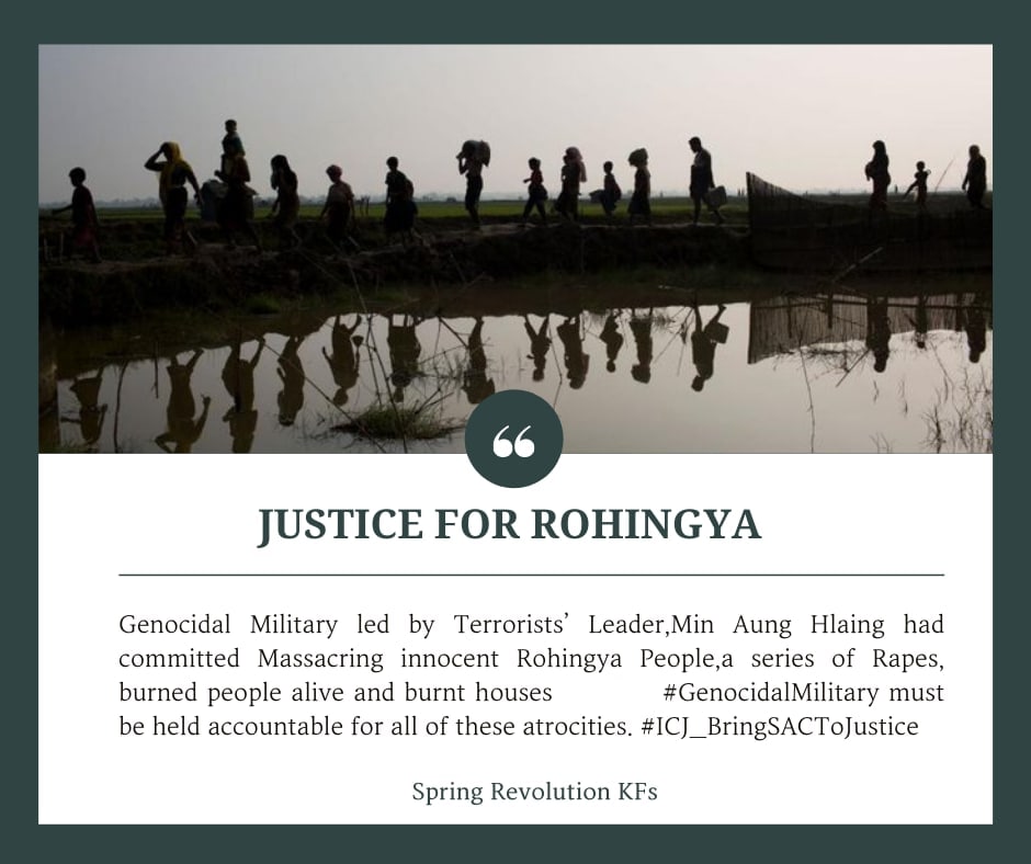 Genocidal Military led by Terrorist-in-chief Min Aung Hlaing had committed Massacring innocent Rohingya People, a series of Rapes, burned people alive &amp; burnt houses in 2017. #GenocidalMilitary must be held accountable for all of these atrocities. <a href="/CIJ_ICJ/">CIJ_ICJ</a> #ICJ_BringSACToJustice