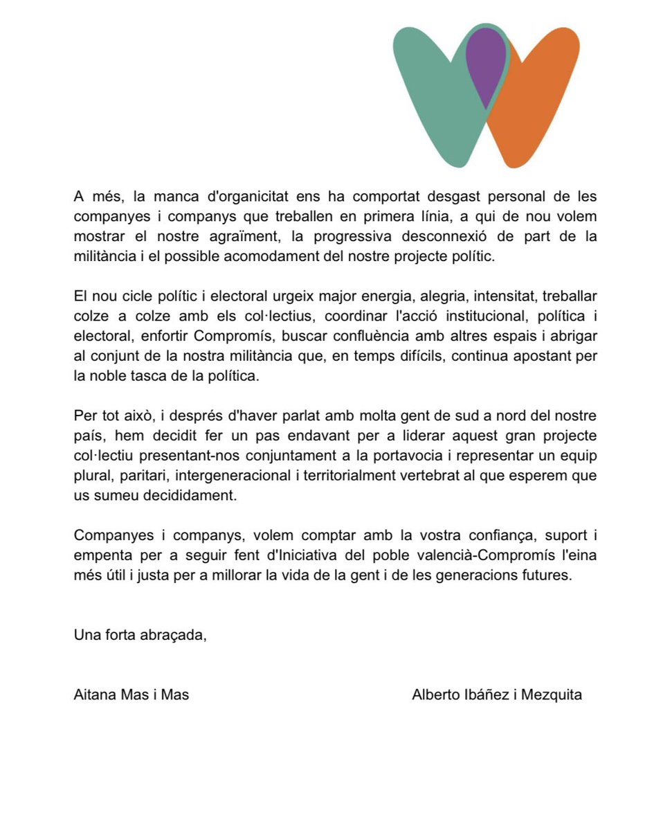 alberto_aim's tweet photo. El nou cicle polític necessita de forces renovades, il·lusió i empatia. 

Hui amb @AitanaMas fem un pas endavant per enfortir @iniciativapv i el compromís amb la justícia social, l’ecofeminisme i el valencianisme per a millorar la vida de la gent. 🌻♻���🍊. https://t.co/XYTgdlLPLH