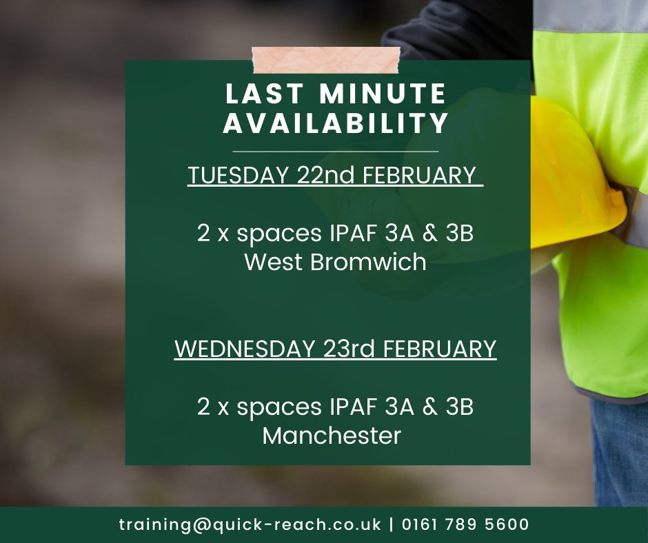 We have a couple spaces left on two of our IPAF 3a &amp; 3b courses this week with Lisa Peters. 

Don't miss out, book your spot today! 

#Training #IPAFTraining #Availability #Workingatheight #SafetyCourse  #QuickTraining #QuickReach #Construction