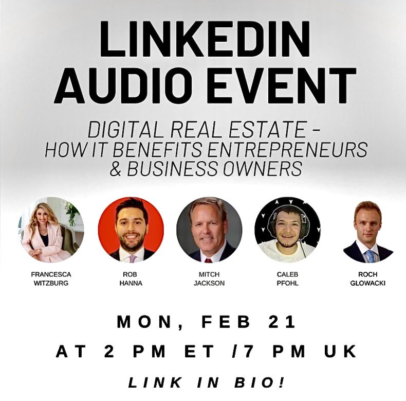 📣 Digital Real Estate - How it Benefits Entrepreneurs &amp; Business Owners 📣

@V_insanitii Hosts <a href="/LinkedIn/">LinkedIn</a> Live Audio Event

📆 (Today) 21st Feb

⏰ 7pm UK / 2pm EST | 11am PST

Join Myself, <a href="/caleb_pfohl/">Peta</a>, <a href="/mitchjackson/">Mitch Jackson | On Bluesky @mitch.social</a>, <a href="/TheTMattorney/">TheTrademarkAttorney</a>&amp; Roch Glowacki! 

#metaverse #nfts #web3