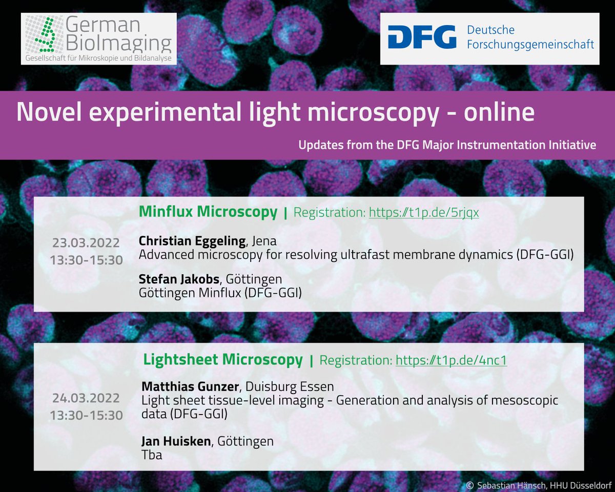 📢📢 Join <a href="/dfg_public/">DFG public | @dfg_public@wisskomm.social</a> and us for a joint online event on #MINFLUX and #lightsheet #microscopy! 📢📢

with <a href="/AgEggeling/">Eggeling Lab</a>, <a href="/JakobsLab/">JakobsLab</a>, Matthias Gunzer &amp; <a href="/huiskenlab/">Huisken lab</a>. Looking forward!

Everyone is welcome: 
MINFLUX: t1p.de/5rjqx   
Lightsheet: t1p.de/4nc1