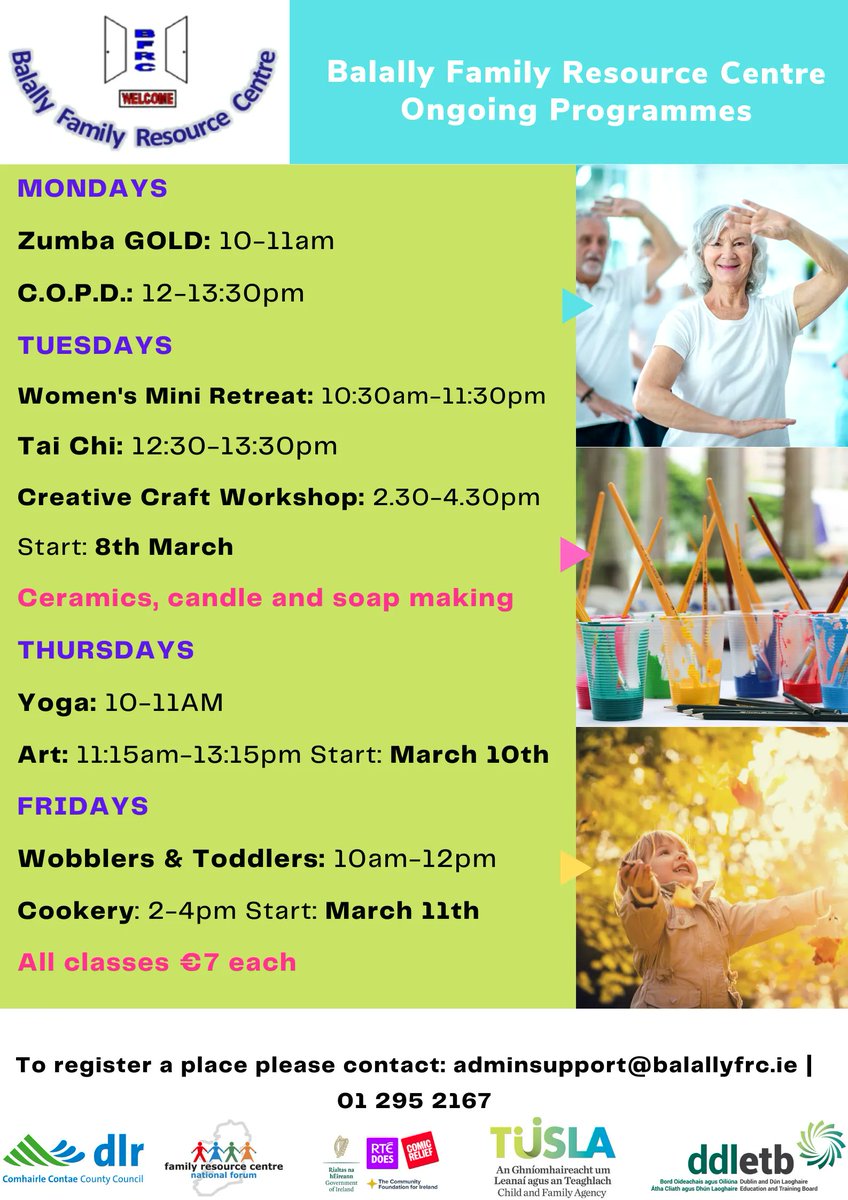 Balally FRC (@balallyfrc) on Twitter photo Interested in health and wellbeing classes or art and crafts? Check out Balally FRC's ongoing programmes poster below!
If you would like to book a place please contact: adminsupport@balallyfrc.ie or call: 01 295 2167
<a href="/frcnf/">FRC National Forum</a> <a href="/RosemountFRC/">Rosemount family Resource Centre</a> Interested in health and wellbeing classes or art and crafts? Check out Balally FRC's ongoing programmes poster below!
If you would like to book a place please contact: adminsupport@balallyfrc.ie or call: 01 295 2167
<a href="/frcnf/">FRC National Forum</a> <a href="/RosemountFRC/">Rosemount family Resource Centre</a>