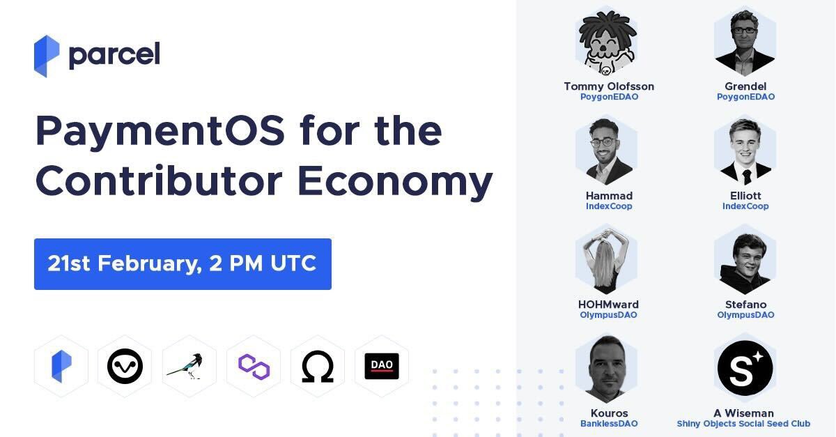 🎉 V2 launch party with : 
<a href="/DavidColeto/">Kouros</a> <a href="/GrendelMarco/">Grendel</a> @olofsson_tommy @SSemidio   <a href="/hohmward/">hOHMward(real)</a> <a href="/ElliottWatts10/">Ξlliott ACA</a> <a href="/Hammad1412_/">Hammad Tahir</a> <a href="/heywiseman/">A Wiseman ✦</a> 

Tune in to know how Parcel will act as PaymentOS for the contributor economy. 

⏰ Set reminder now: x.com/i/spaces/1ypKd…

#ParcelForDAOs