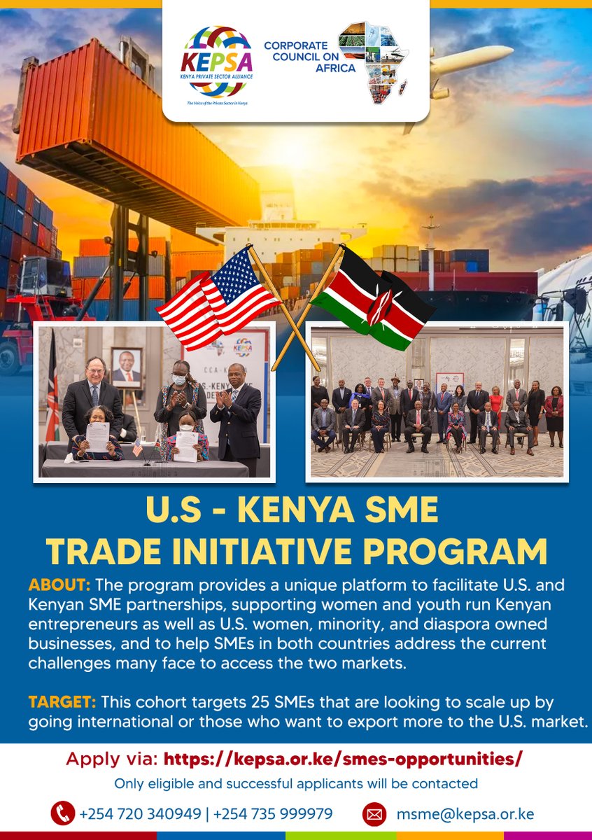 KEPSA_KENYA's tweet photo. The U.S - KENYA SME Trade Initiative Program provides a unique platform to facilitate U.S. and Kenyan SME partnerships, supporting women and youth-run Kenyan entrepreneurs as well as U.S. women, minority, and diaspora owned businesses, https://t.co/YWexKqCHsc
