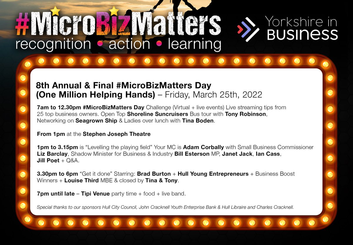 JCYEB_Hull's tweet image. We are delighted to be sponsoring #microbizmatters Day on 24th and 25th March along with @BIPCHull @Hullccnews run by @YIBScarborough @MicroBizGirl @TonyRobinsonOBE