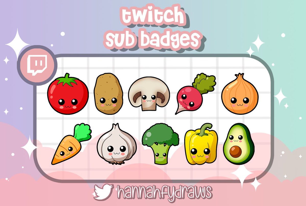 After a year and a half of using sub badges that I threw together, I finally got some new ones and look how CUTE they are!!! 😍 Thank you <a href="/HannahfyDraws/">Hannah | Emote Artist 💫</a> 💖 all the wee veggies! ☺️ #twitchfoodanddrink