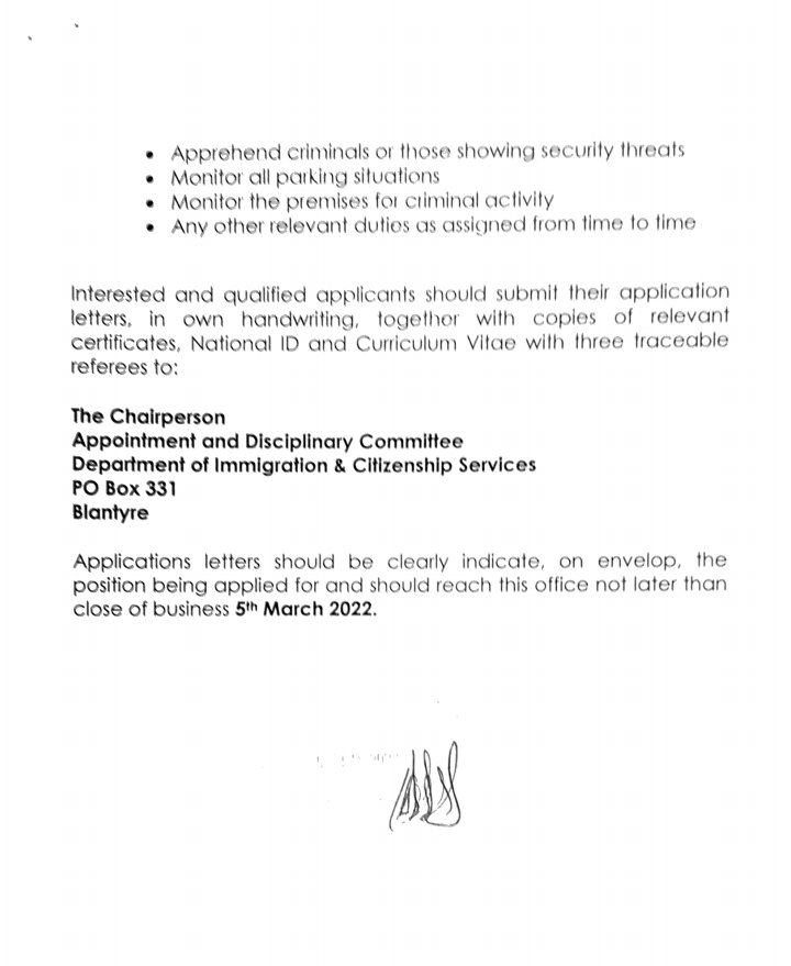 Vacancies at the Department of Immigration and Citizenship Services for the following posts; Driver, Messenger and Security Guard