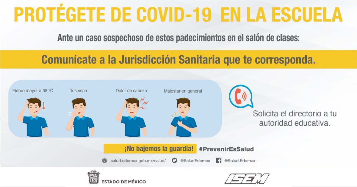 🏫🛡️🦠Protégete de #Covid_19mx en la escuela. Ante síntomas en la familia, acude a tu unidad de salud más cercana o a la Jurisdicción Sanitaria correspondiente, tu autoridad educativa podrá proporcionarte el número de contacto. #PrevenirEsSalud #NoBajemosLaGuardia <a href="/SaludEdomex/">Secretaría de Salud del Estado de México</a>