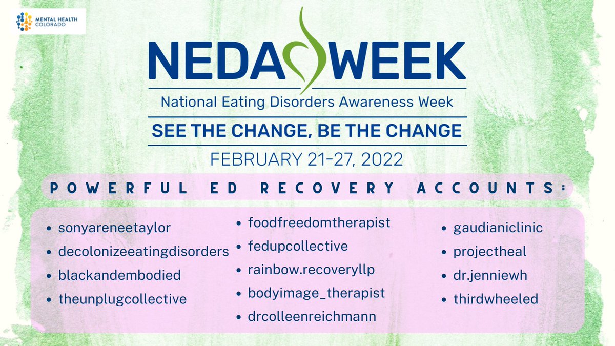 CO_MentalHealth's tweet image. Eating disorders are complex biopsychosocial conditions that can impact any person, regardless of race, gender, SES, etc., &amp;amp; they impact every organ system, including cognition. 
Check out some of our favorite #EDRecovery accounts on Instagram to start off this #NEDAwarenessWeek.