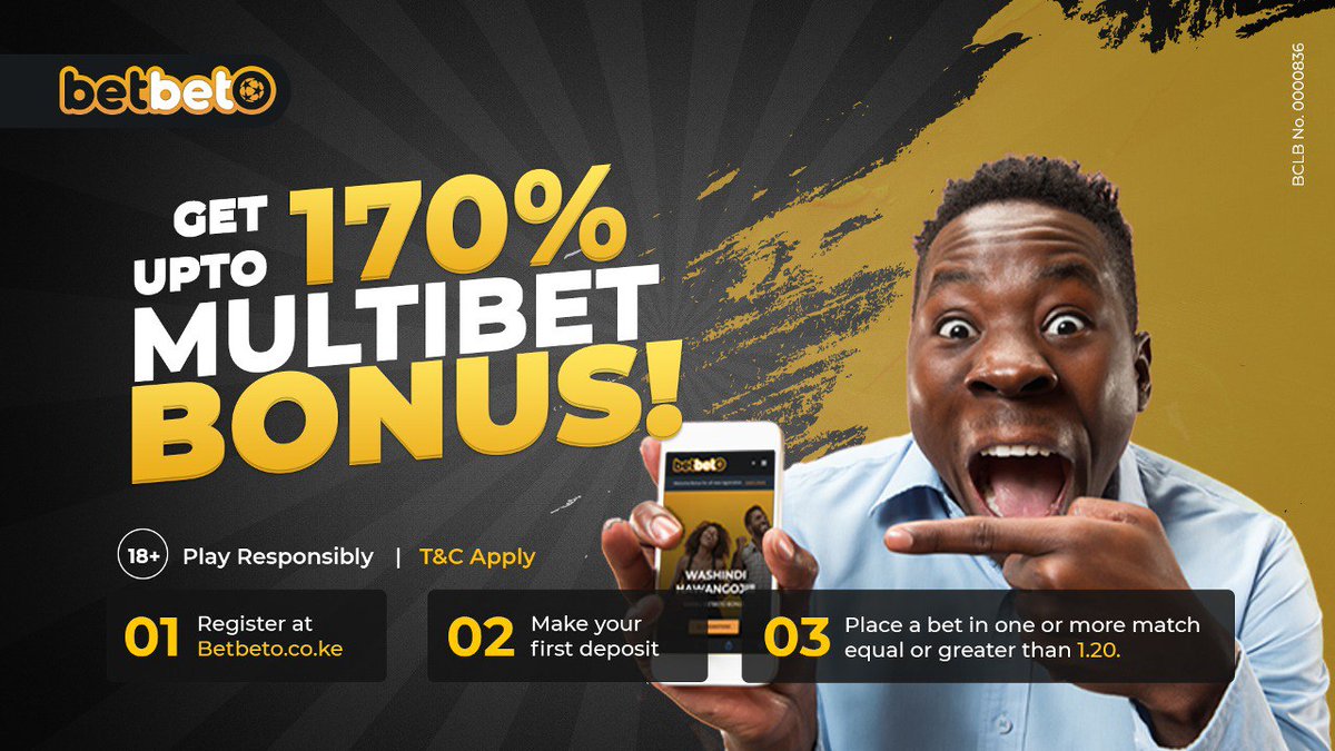 Place your bet with <a href="/BetBetoKE/">BetBeto</a>  and get upto 170% Multibet bonus!Just imagine getting a whooping 170% bonus!There is also Live betting options and Cash-out  options!Odds also high,just check them out betbeto.co.ke
Wekelea bet Na Betbeto