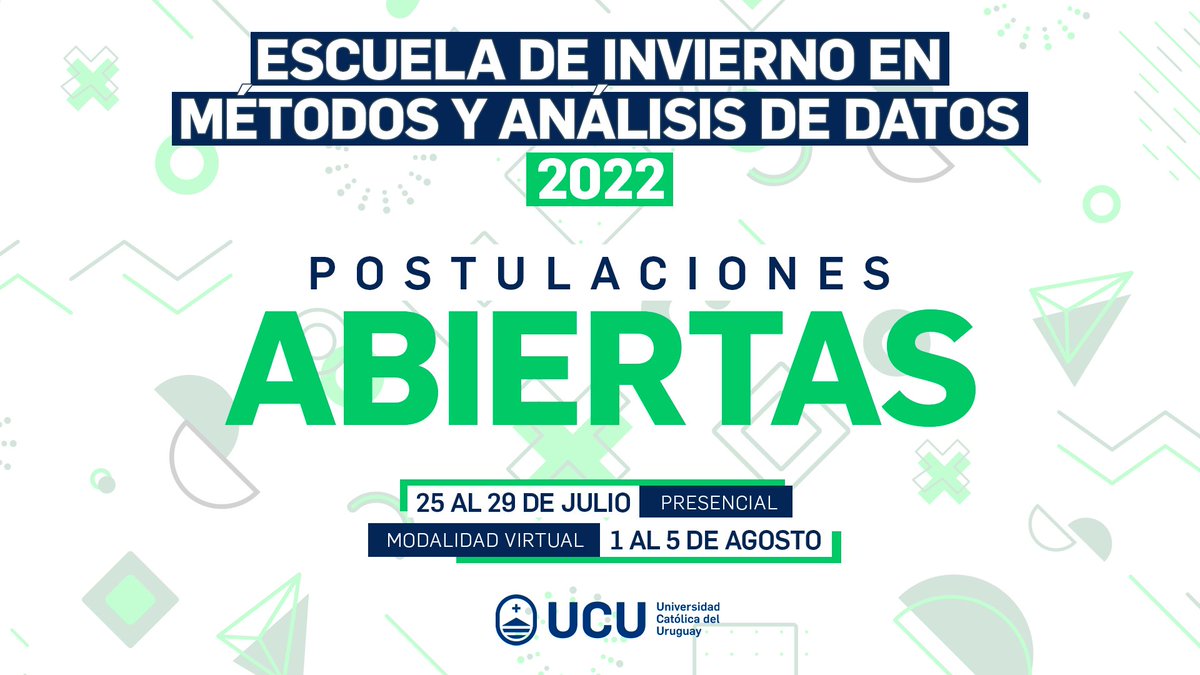EscuelaMetodos's tweet image. 📢 Apertura de postulaciones para la Escuela de Invierno en Métodos y Análisis de Datos 2022 ❄️👩‍💻

👩‍🏫 Cursos: bit.ly/3ad88IW
ℹ️ Información: bit.ly/3phGIG7
📝 Postular: bit.ly/EIM2022

🗓️ ¡Postulaciones tempranas hasta el 22 de mayo!