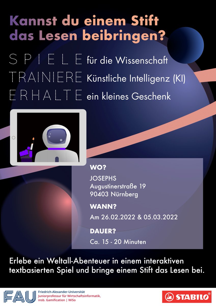 An alle Interessenten aus der Region Nürnberg: Kommt vorbei! 
Ihr könnt ein tolles Text Adventure spielen, etwas gewinnen und helft der Gamification-Forschung, um die KI-Handschrifterkennung zu optimieren.