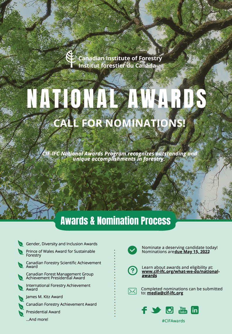 CIF_IFC's tweet photo. ๐ข We are now accepting nominations for the 2022 #CIFAwards Program! ๐ข Each year, the Institute presents a number of Awards in recognition of outstanding and unique accomplishments to forestry in Canada. ๐ณ๐๐ฒ Learn more here: https://t.co/1zbBmt2geI #RootedInCIF https://t.co/4DLYncnMZk