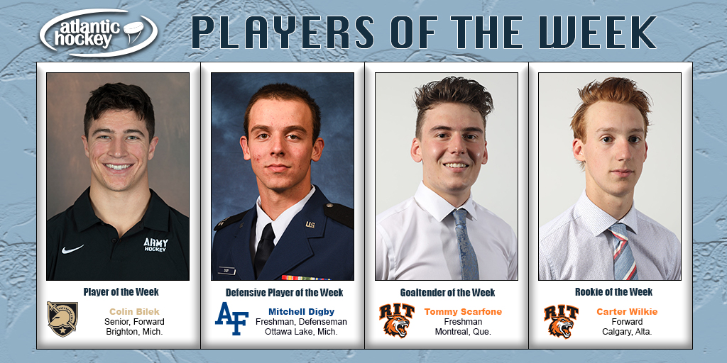 Atlantic_Hockey's tweet photo. Time for our #AtlanticHockey weekly awards for Week 19! Congratulations to Colin, Mitchell, Tommy and Carter!

📰 : https://t.co/eCf0pF5TcB

 #GoArmy | #LetsFly | #RIT https://t.co/bb6D3tlzTJ