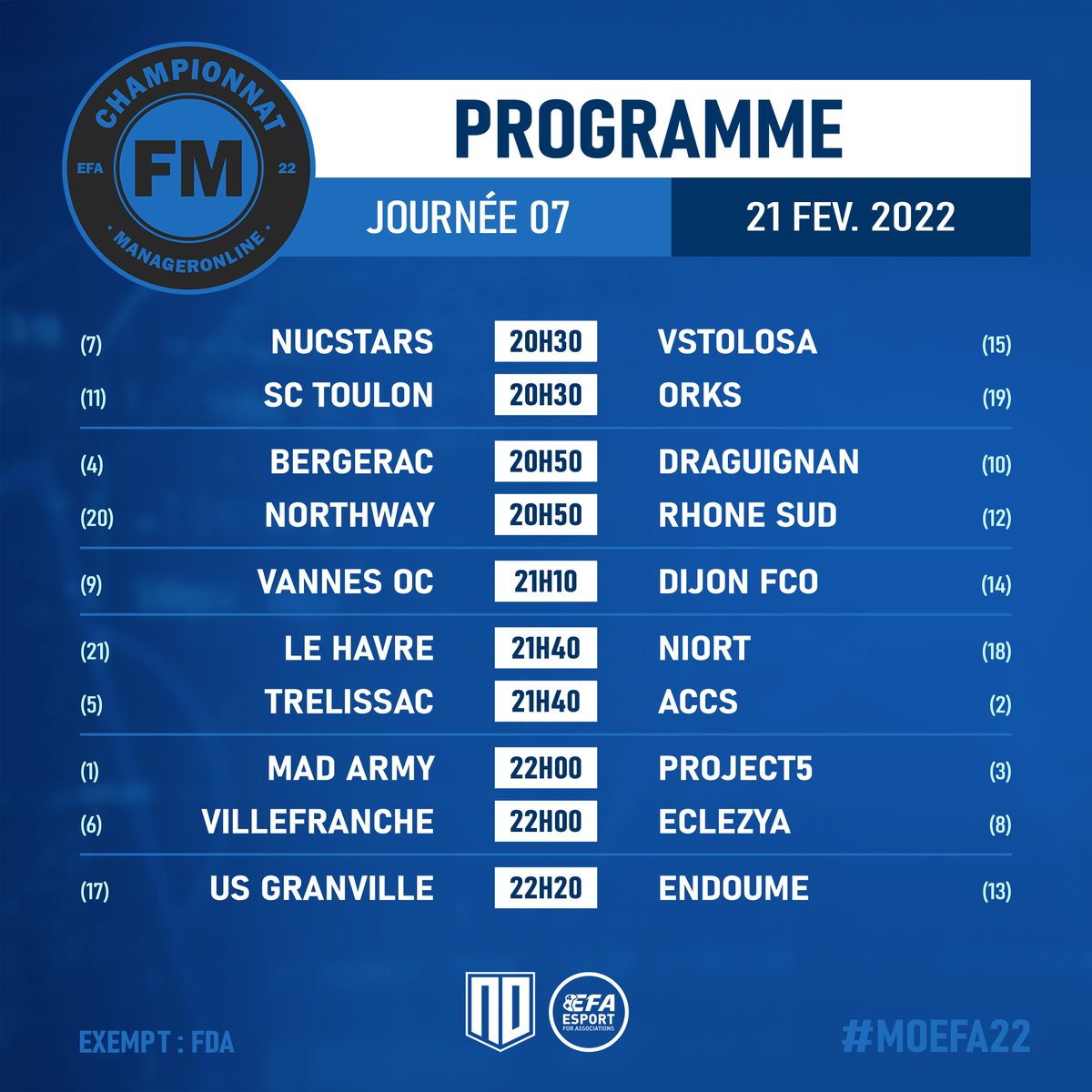 📅 Programme de la 7ème journée de championnat #MOEFA22. Rendez-vous en live dès 20h15 sur notre chaîne twitch.tv/ManagerOnlineFR pour suivre cette nouvelle journée !
