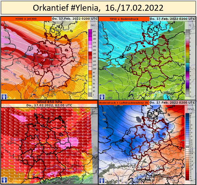 meteomabe's tweet photo. Quick comparison of #Ylenia, #Zynep and #Antonia.
First a panel with 4 fields. a) UL flow W300+H300, b) ML T850 + surface pressure, c) Winds 850 hPa, d) pressure tendency. Clearly you can see that Zeynep had the best dynamics. https://t.co/GXg2ejSc6L