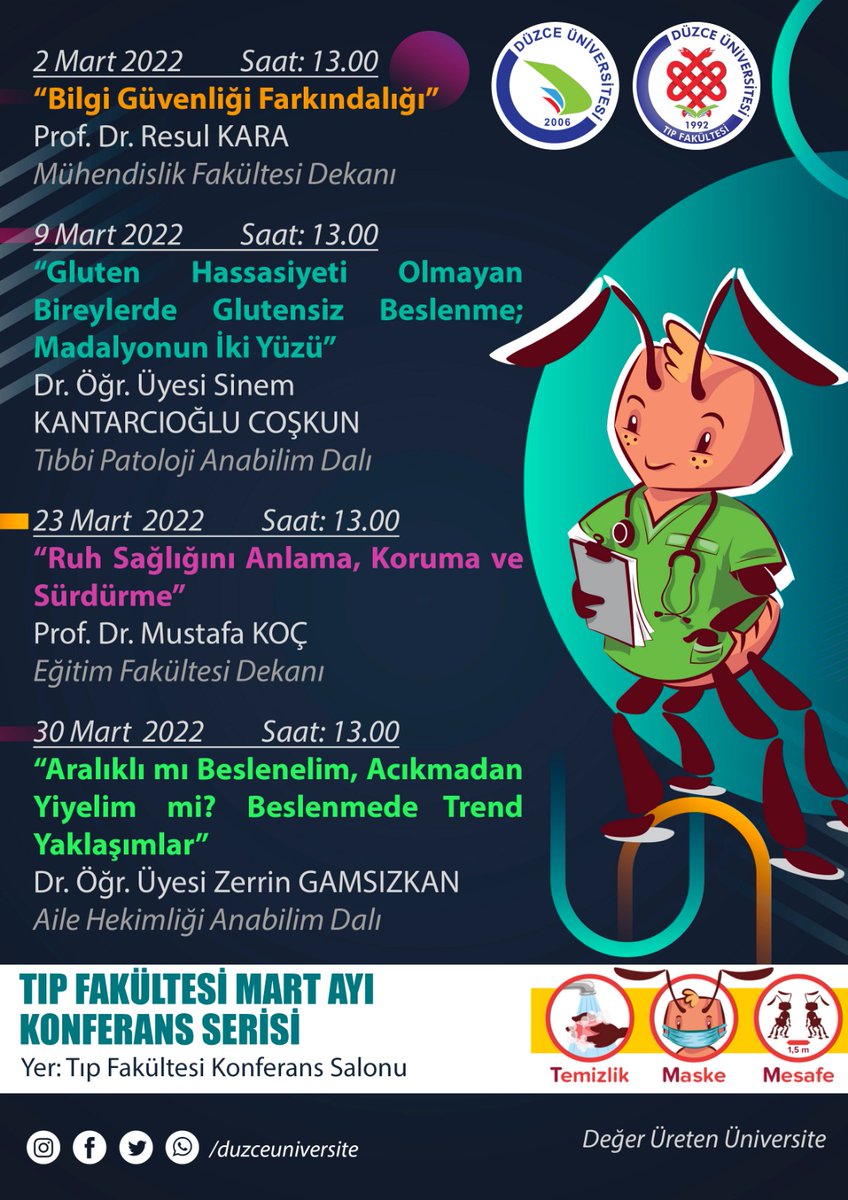 Üniversitemiz "Tıp Fakültesi #Konferans Serileri" Mart Ayında da kaldığı yerden devam ediyor...

Her hafta çarşamba günü (16 Mart haricinde) saat 13.00'da #TıpFakültesi Konferans Salonu’nda buluşmak üzere... #DüzceÜniversitesi