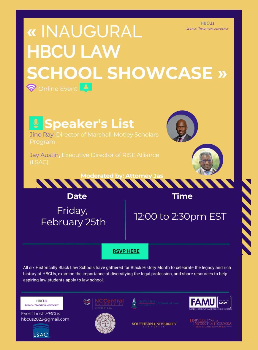 NCCULawApply's tweet photo. Join all six #HBCUlawschools for a special Black History Month virtual program on Feb. 25th from 12:00 p.m. to 2:30 p.m. EST hosted by “HBCUs.” You don’t want to miss it! 

Register today at: https://t.co/bizl5K2Pa5 https://t.co/4euo0aJInR